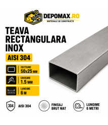 Teava rectangulara inox AISI 304, 50 x 25 x 1.5 mm, 6 metri